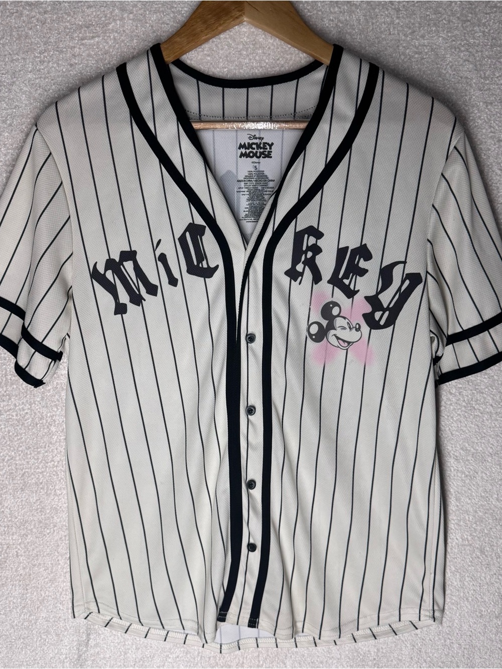 Disney Mickey Mouse Men's Baseball Jersey Small White Black Pinstripe Button Up